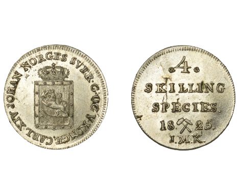 Norway, Carl XIV Johan, 4 Skilling Species, 1825jmk, Kongsberg (NM 44a; KM. 298). Reverse die flaw, extremely fine or better,