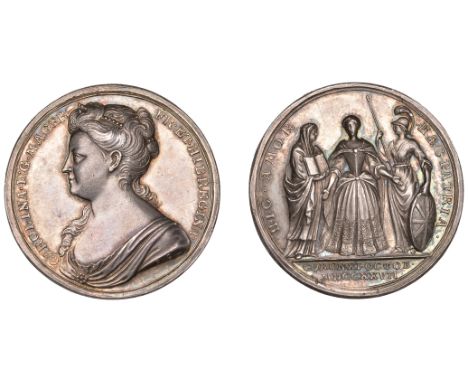 Great Britain, Queen Caroline, Coronation, 1727, a silver medal by J. Croker, bust left, rev. queen standing between Religion