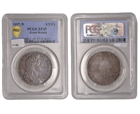 William III (1694-1702), Halfcrown, 1697n, large shields, later harp, edge nono (ESC 1091; S 3491). Good very fine, grey tone