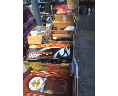 VARIOUS BOXES OF POTTERY, OIL LAMP, DOLLS, ETC.        T6
