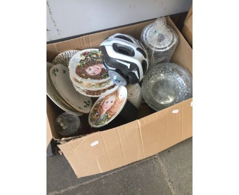 BOX OF CHINA, GLASS, BIKE HELMET ETC.     T4