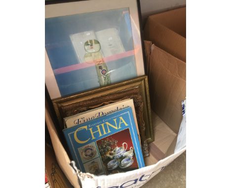 A BOX OF MISC. INCLUDING REFERENCE BOOKS, PRINTS, ETC