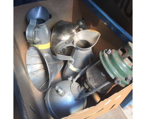 BOX OF MISC. STORM LAMP, METAL JUGS, KETTLE, FUNNEL