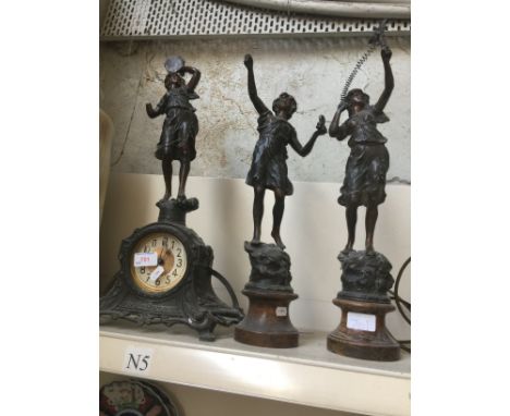 SPELTER FIGURE CLOCK AND PAIR SPELTER FIGURES   