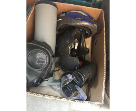 BOX OF MISC. INCLUDING BINOCULARS, GAS MASK, MOTORCYCLE HELMET AND BIKE HELMET