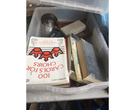 BOX OF MISC. INCLUDING COSTUME JEWELLERY, BOOKS, CLOCK, ETC