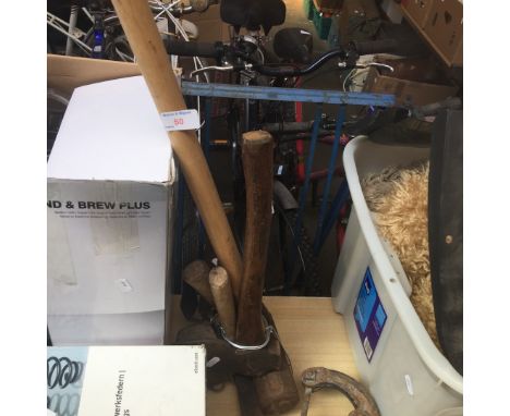 A BUNDLE OF TOOLS, AXE, HAMMER, ETC