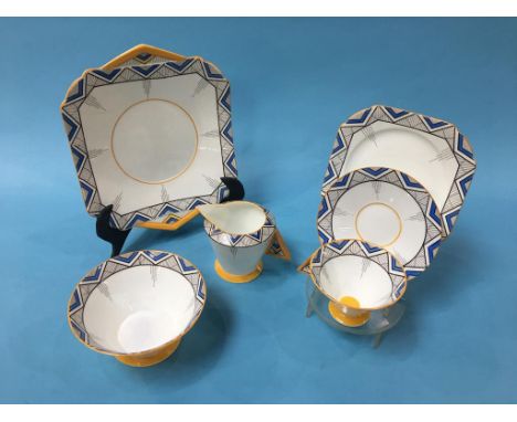 A 1930's Art Deco Shelley 'Chevron' pattern tea service, numbered 11775, comprising; six trios, cake plate, sugar bowl and cr