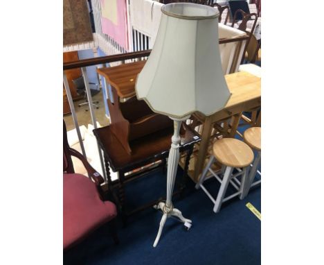 Cream standard lamp, oak occasional table etc.