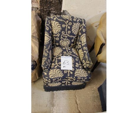A blue upholstered gold repeating pattern solid back pad with loose cushion 600mm x 820mm