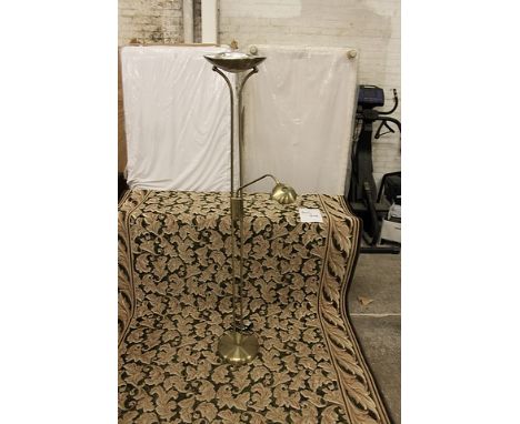 A pair of modern brass uplighters with flex arm reading lamp halogen 1780mm tall