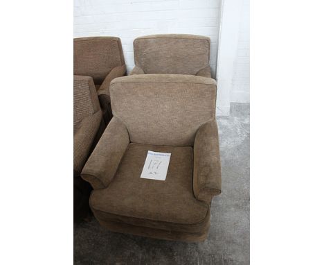 A pair of upholstered light brown fire retardant arm chairs 570mm x 760mm