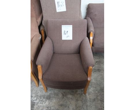 A pair of upholstered light mauve fire retardant arm chairs wood varnished frame 500mm x 870mm