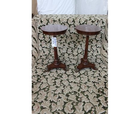 A  pair of mahogany lamp tables single carved acanthus pedestal on triform base with claw foot 400mm diameter x 750mm