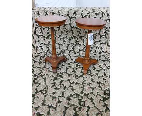 A near pair of mahogany lamp tables single carved acanthus pedestal on triform base with claw foot 400mm diameter 