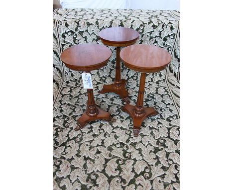 A  set of 3 mahogany lamp tables single carved acanthus pedestal on triform base with claw foot 400mm diameter x 750mm