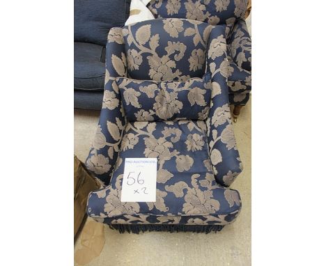 A pair of blue upholstered gold repeating pattern solid back pad with loose cushion 600mm x 840mm