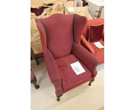 A pair of wing back burgundy with gold repeating pattern arm chairs loose seat pad cushion on cabriole front legs pitch 560mm