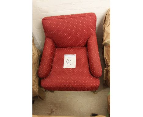 Upholstered red pattern repeating armchair square back fixed cushion and loose pad seat mounted on solid wood frame with fron