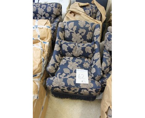 A blue upholstered gold repeating pattern solid back pad with loose cushion 600mm x 840mm