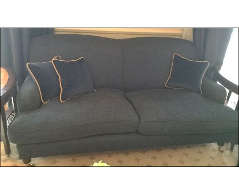 A blue upholstered two seater sofa solid back with loose cushion pad 700mm pitch x 1600mm