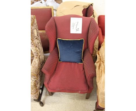 A pair of wing back burgundy with gold repeating pattern arm chairs loose seat pad cushion on wooden square legs pitch 560mm 