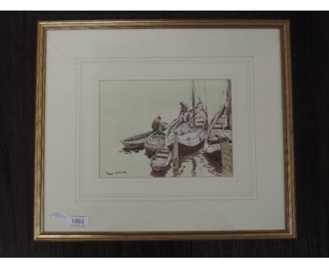 A watercolour, Thomas Wilkinson, Old Fishing Boats, South Shields, signed and attributed verso, 15 x 21cm, plus frame and gla