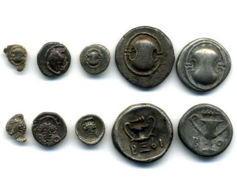 Boeotia, Federal Coinage, a group of five coins, 395-340 BC, hemidrachm, Boeotian shield, rev., b-oi, kantharos; above, club 