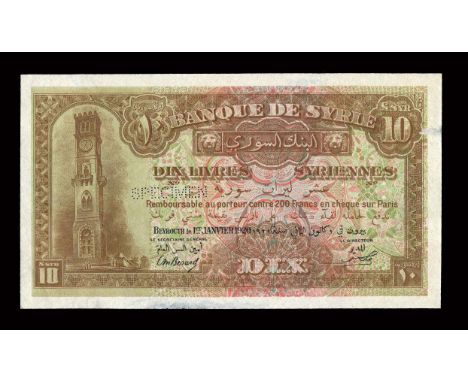 *Syria, Banque de Syrie, specimen 10 livres, Beyrouth, 1 Aug. 1919, by Bradbury, Wilkinson & Co., with printed signatures but