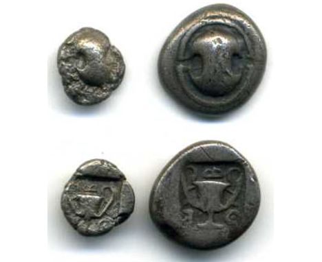 Boeotia, Thebes, 450-425 BC, hemidrachm, Boeotian shield, rev., kantharos with Θ-Ε-Β around, 2.85g (BMC 43), very rare; and o