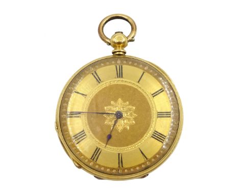 Gold open face ladies key wound cylinder pocket watch gilt dial with Roman numerals, engine turned and engraved back case wit