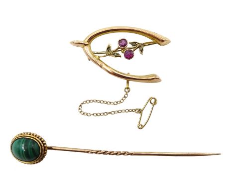 Gold malachite stick pin and a 9ct gold stone set brooch, Birmingham 1916, both boxed