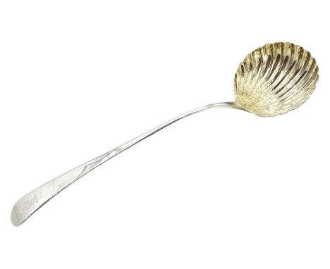 Early George III silver ladle, Old English patter with scallop shell bowl marks rubbed 5oz Click here to view further images,