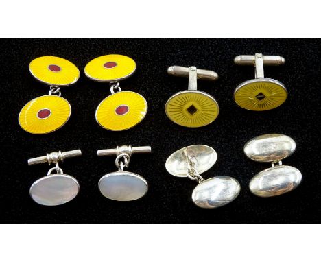Pair of oval silver, yellow and red enamel cufflinks by Deakin &amp; Francis Ltd, Birmingham 2002, one other pair of silver a