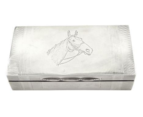 Silver table cigarette/cigar box, engine turned decoration, the lid engraved with a horses head, cartouche dated '3rd May 195