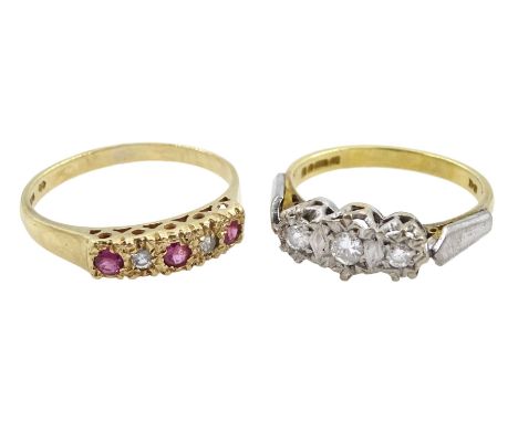 18ct gold three stone diamond ring and a 9ct gold five stone diamond and ruby ring, both hallmarkedClick here to view further