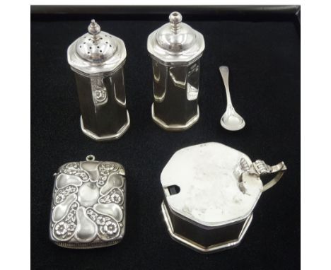 Victorian silver vesta case, embossed flower decoration by Lines, Bunn &amp; Mason, Birmingham 1895 and a silver three piece 