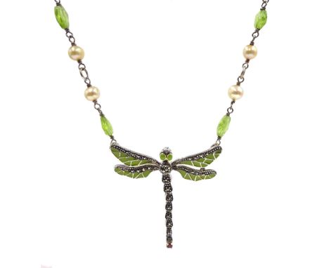 Silver peridot, enamel, pearl and marcasite dragonfly pendant necklace, stamped 925Click here to view further images, conditi