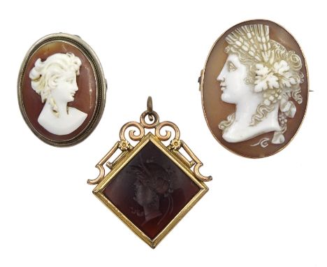 Victorian gold mounted carnelian intaglio pendant, gold mounted cameo brooch, stamped 9ct and a later silver smaller cameo, a