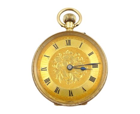 12ct gold open face ladies keyless cylinder fob watch, gilt dial with Roman numerals, engine turned and engraved back case wi