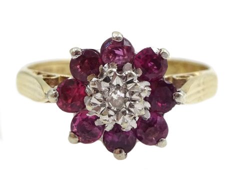 9ct gold ruby and diamond cluster ring, hallmarkedClick here to view further images, condition reports, sale times &amp; deli