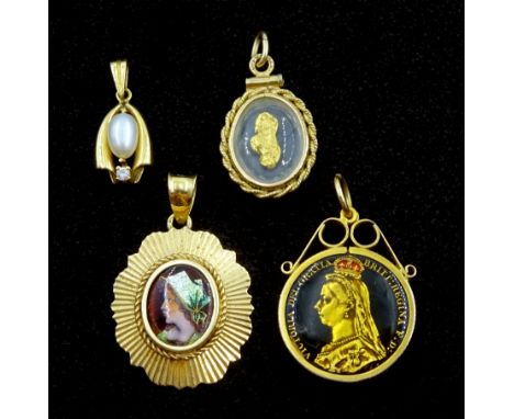 14ct gold enamel pendant stamped 585, 9ct gold pedant set with an enamelled Victorian coin hallmarked, 14ct gold pearl and cu