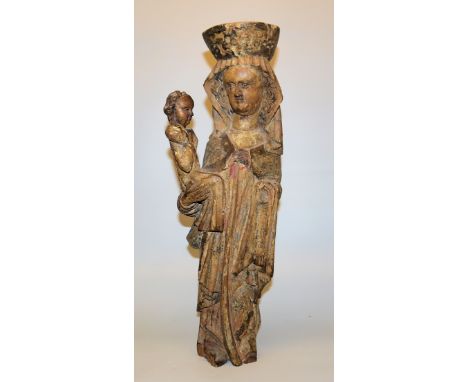 Madonna und Kind, Holzskulptur um 1350In aufrechter Haltung stehend, an der Vorderseite kantige Falten, die Füße von Stand- u