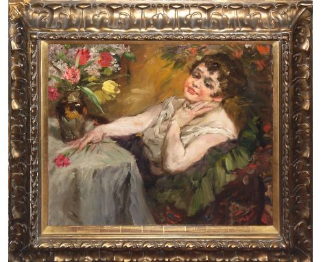 Paul Kapell, Junge Frau am Blumentisch, Ölgemälde um 1920 im PrachtstuckrahmenPaul Kapell, 1876 Ostrowo/ Posen - 1943 Stuttga