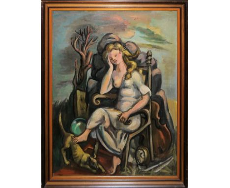 Rudi Baerwind, Junge Frau träumend, surrealistisch-expressionistisches Ölgemälde von 1942 aus dem Pariser Exil, gerahmtRudi B