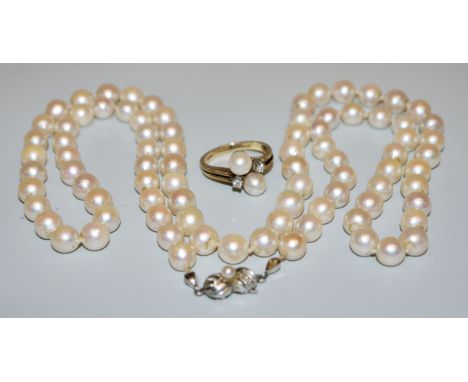 Schmuck-Set: Perlenring mit Brillanten, Gold &amp;amp; Echt-Perlenkette, GoldRing, 14kt Gelb-/ u. Weißgold, besetzt mit zwei 