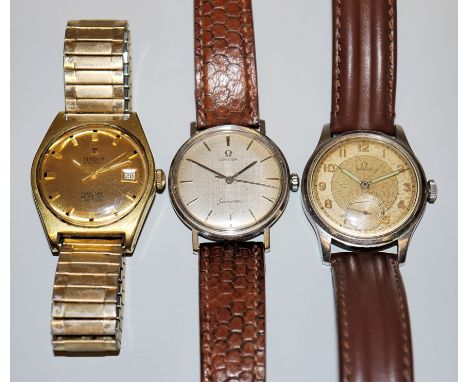 Drei Vintage-Armbanduhren Omega und Tissot, 1940er bis 1970er JahreOmega Souverän der 1940er Jahre, Gehäuse Stahl, "Bullseye"