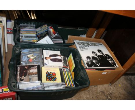 A BOX OF LP RECORDS TO INCLUDE THE ROLLING STONES TOGETHER WITH TWO BOXES OF ASSORTED CDS