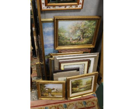 A QUANTITY OF ASSORTED PICTURES AND PRINTS TO INCLUDE GILT FRAMED OILS ETC.