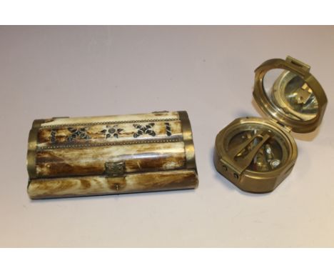 A VINTAGE BRASS STANLEY OF LONDON COMPASS TOGETHER WITH AN INDIAN CARVED BONE BOX